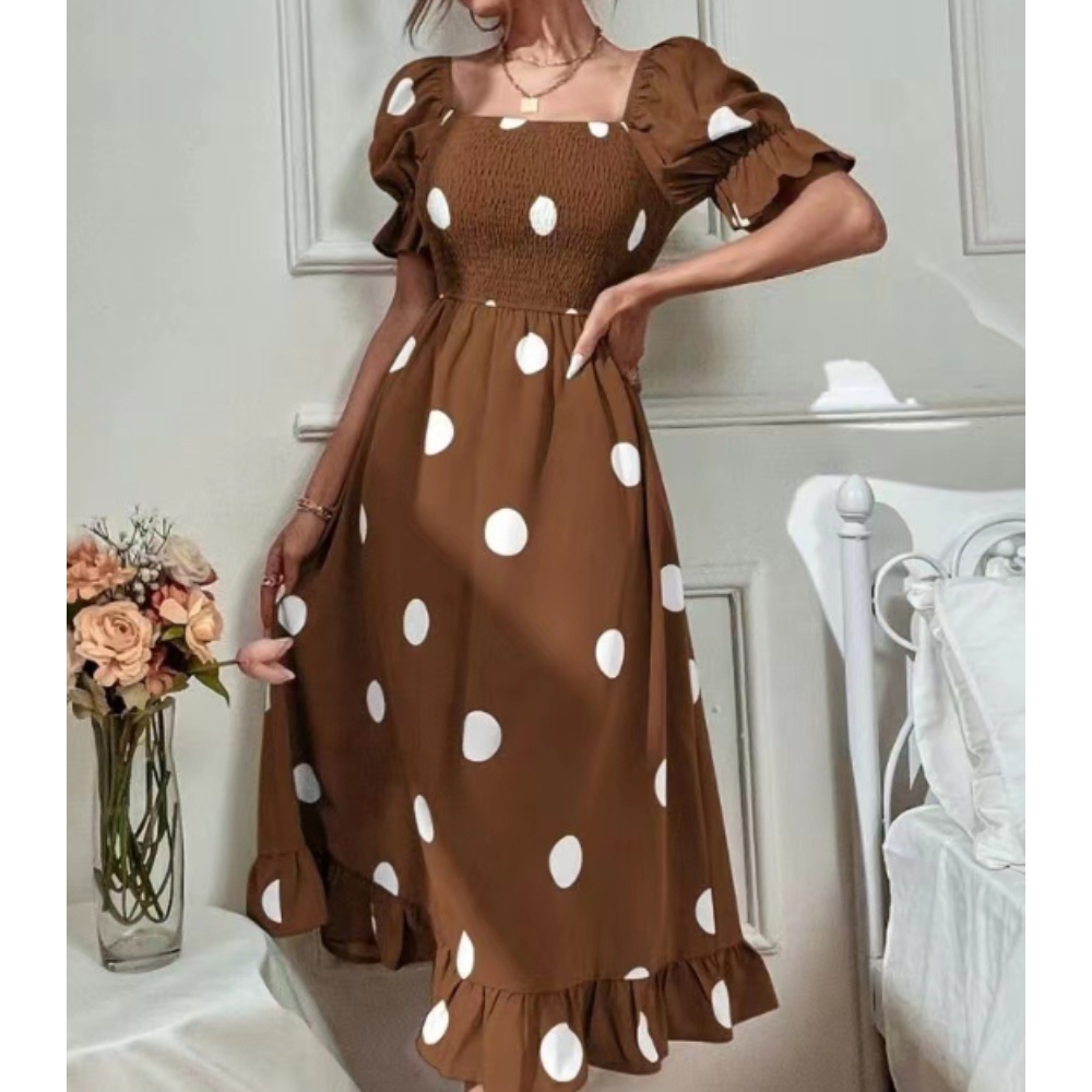 Women's Vintage Polka Dot Puff Sleeve Smocked Dress Ruffle Hem A-Line Beach Party Midi Long Dress