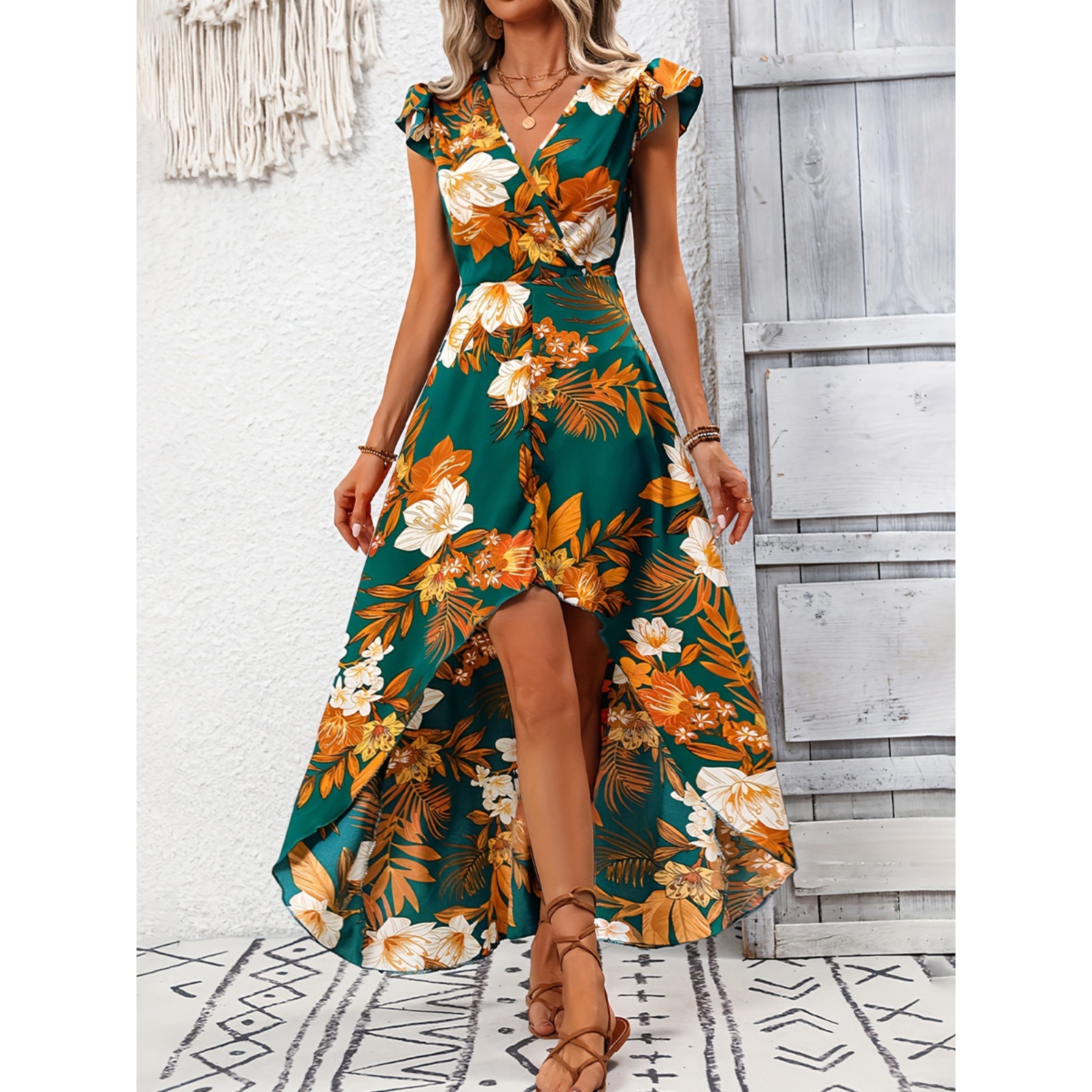 Women's Floral Print V-Neck Asymmetrical Hem Dress Beach Vacation Sundress Lightweight Polyester Summer Casual Midi Dress