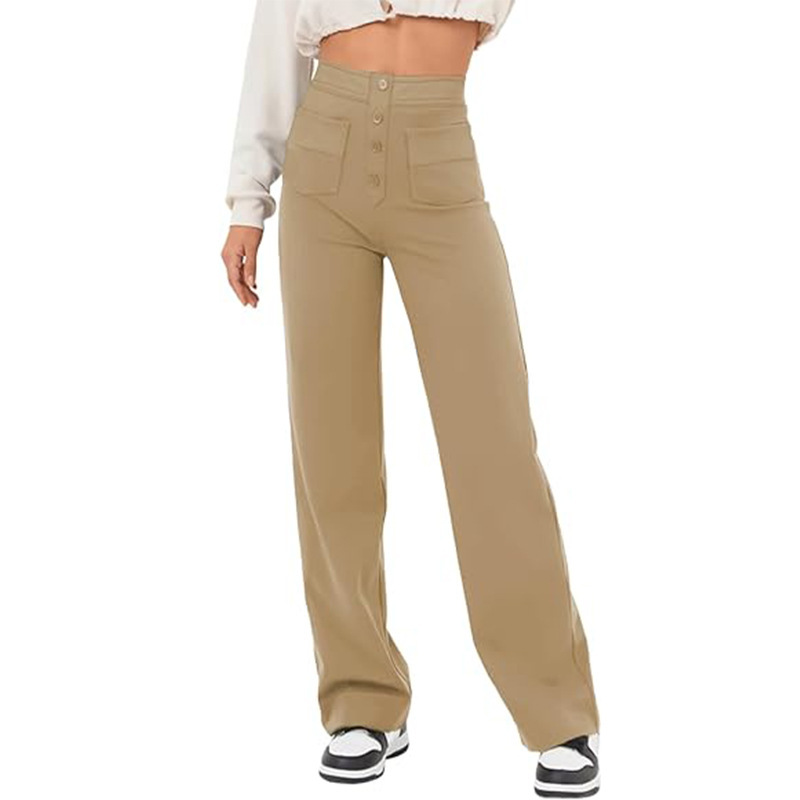 Women's High-Waisted Straight-Leg Casual Pants Button Elastic Waist Trousers with Multiple Pockets