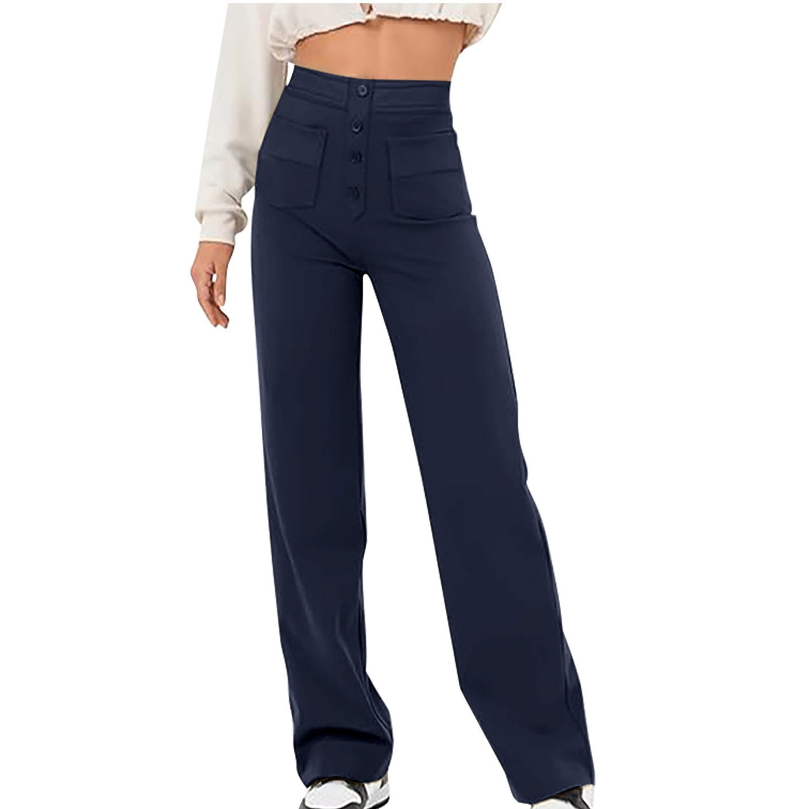 Women's High-Waisted Straight-Leg Casual Pants Button Elastic Waist Trousers with Multiple Pockets