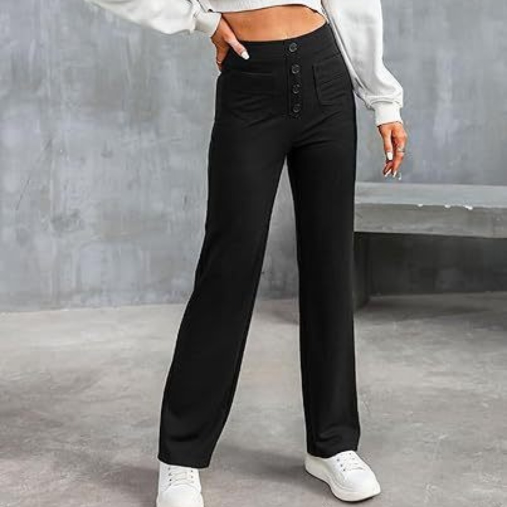 Women's High-Waisted Straight-Leg Casual Pants Button Elastic Waist Trousers with Multiple Pockets