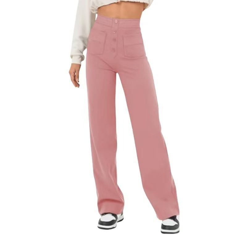 Women's High-Waisted Straight-Leg Casual Pants Button Elastic Waist Trousers with Multiple Pockets