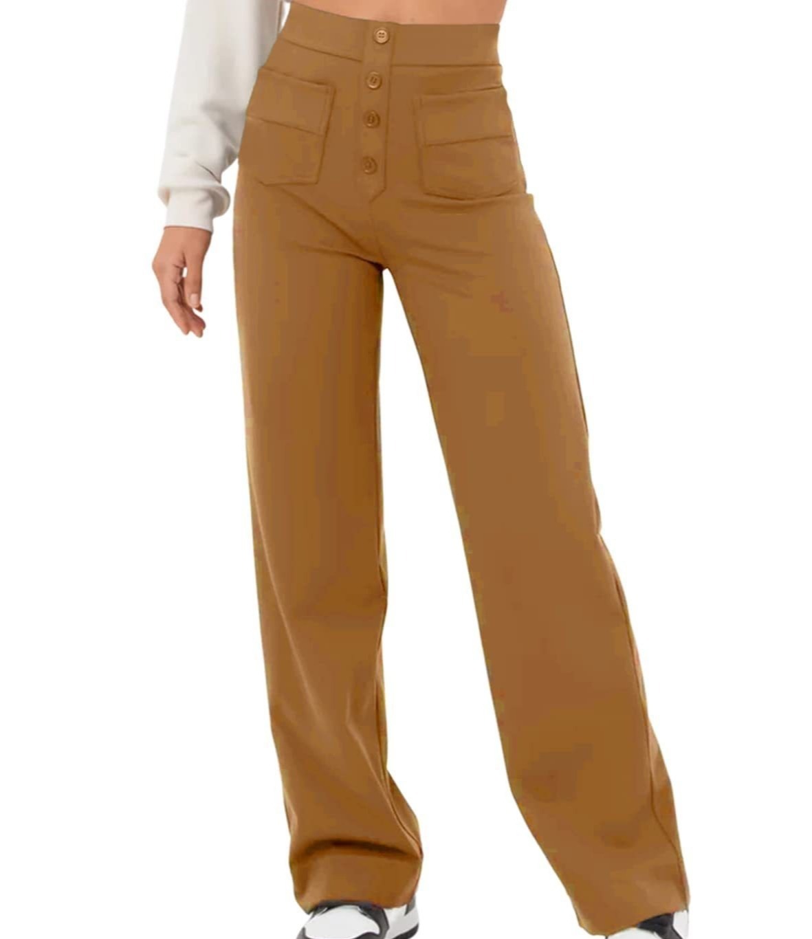 Women's High-Waisted Straight-Leg Casual Pants Button Elastic Waist Trousers with Multiple Pockets