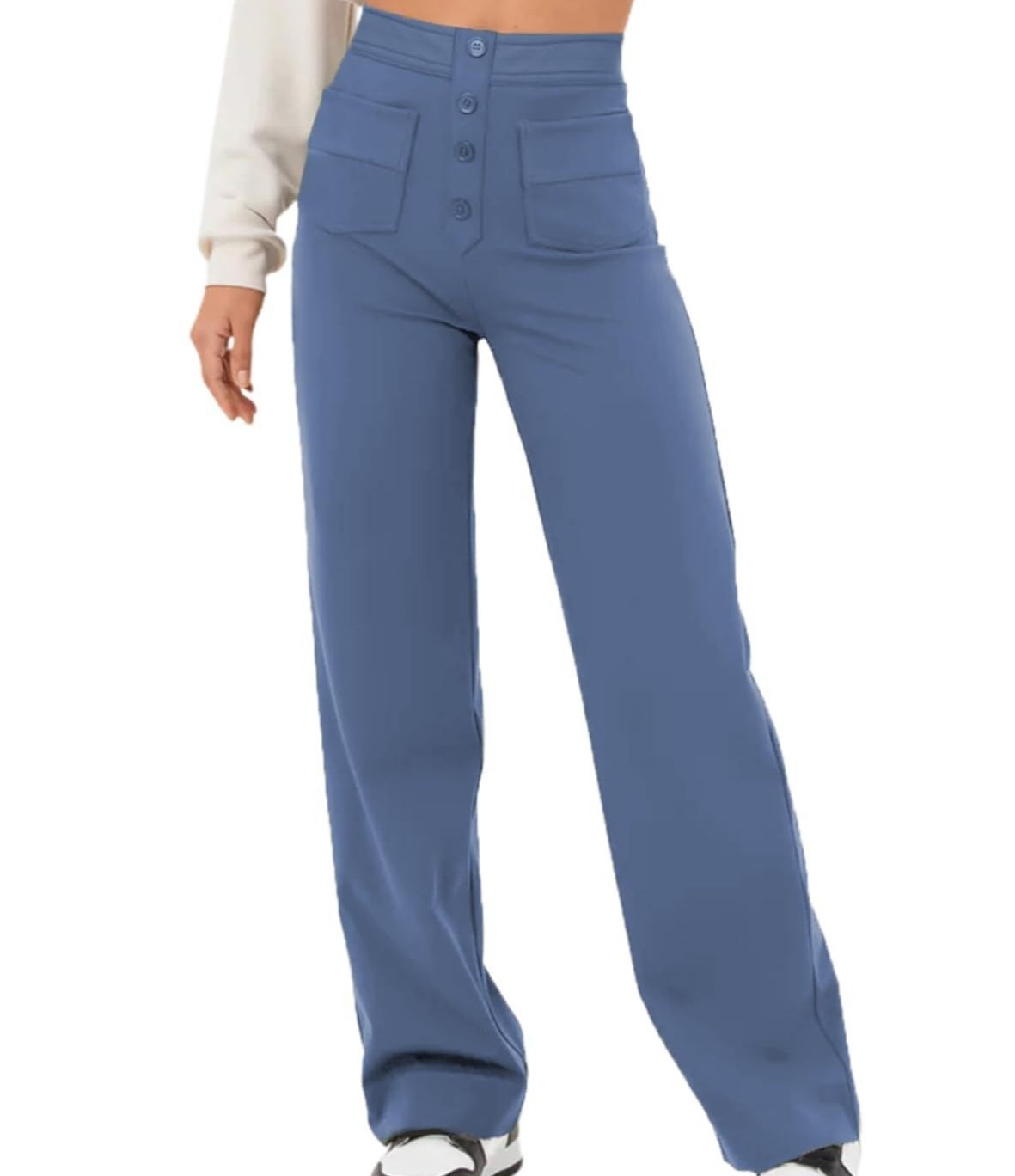 Women's High-Waisted Straight-Leg Casual Pants Button Elastic Waist Trousers with Multiple Pockets