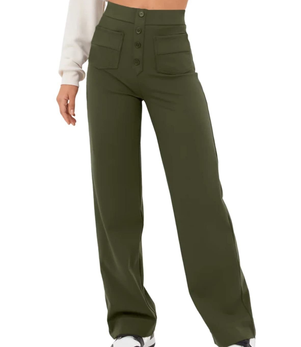 Women's High-Waisted Straight-Leg Casual Pants Button Elastic Waist Trousers with Multiple Pockets
