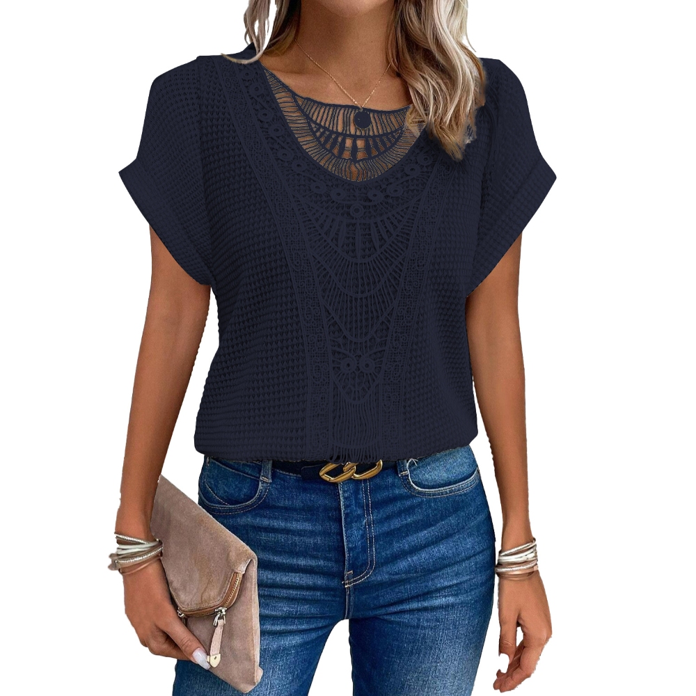 Women's Summer Lace Trim Knit Tunic Tops Elegant Short Sleeve Round Neck Tee Tops Solid Color Hollow Out Blouse Top Lightweight Layering Essential
