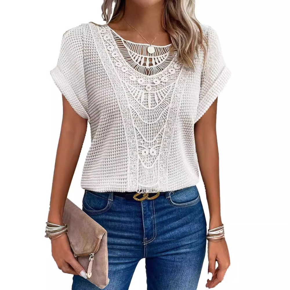 Women's Summer Lace Trim Knit Tunic Tops Elegant Short Sleeve Round Neck Tee Tops Solid Color Hollow Out Blouse Top Lightweight Layering Essential