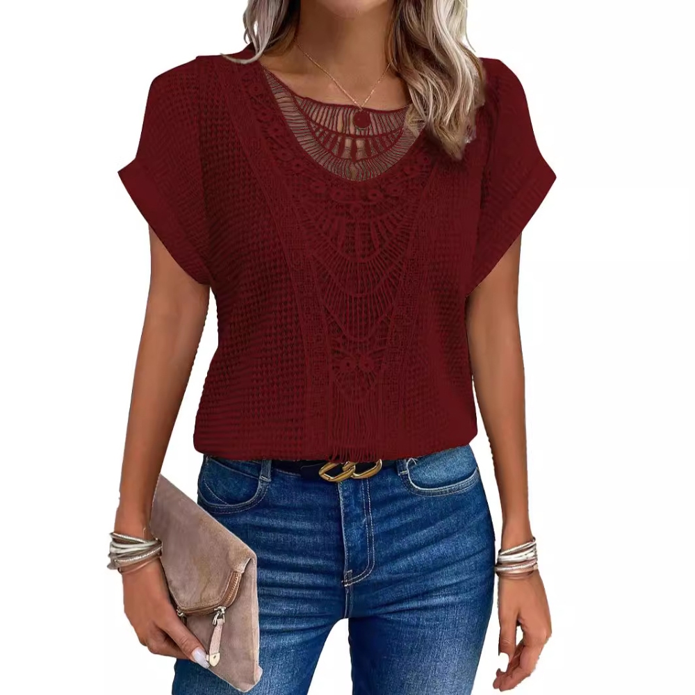 Women's Summer Lace Trim Knit Tunic Tops Elegant Short Sleeve Round Neck Tee Tops Solid Color Hollow Out Blouse Top Lightweight Layering Essential