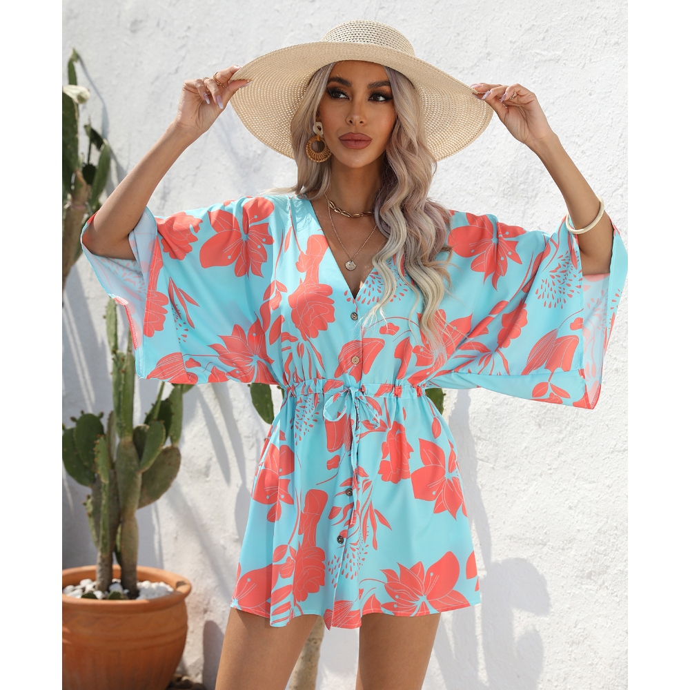 Women's Summer Boho Mini Dress Print Drawstring V Neck 3/4 Sleeve Button Down Shirt Dress Casual Lightweight Trendy Flowy A-Line Sundresses for Beach Vacation 