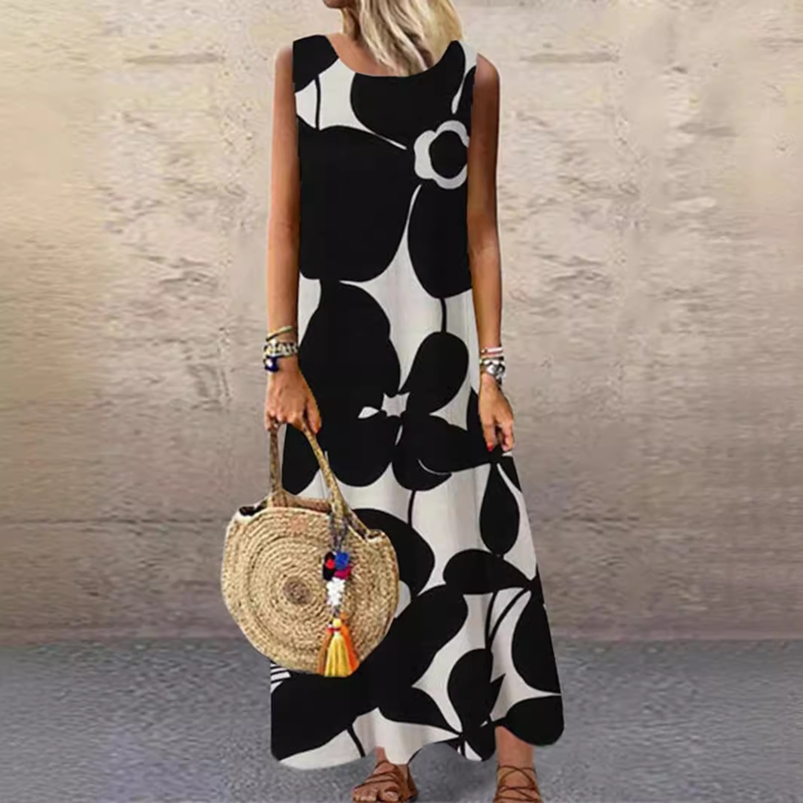 Women's Round Neck Sleeveless Shift Dress Bold Floral Print Loose Fit Casual Office Dress Lightweight Polyester Summer Dress