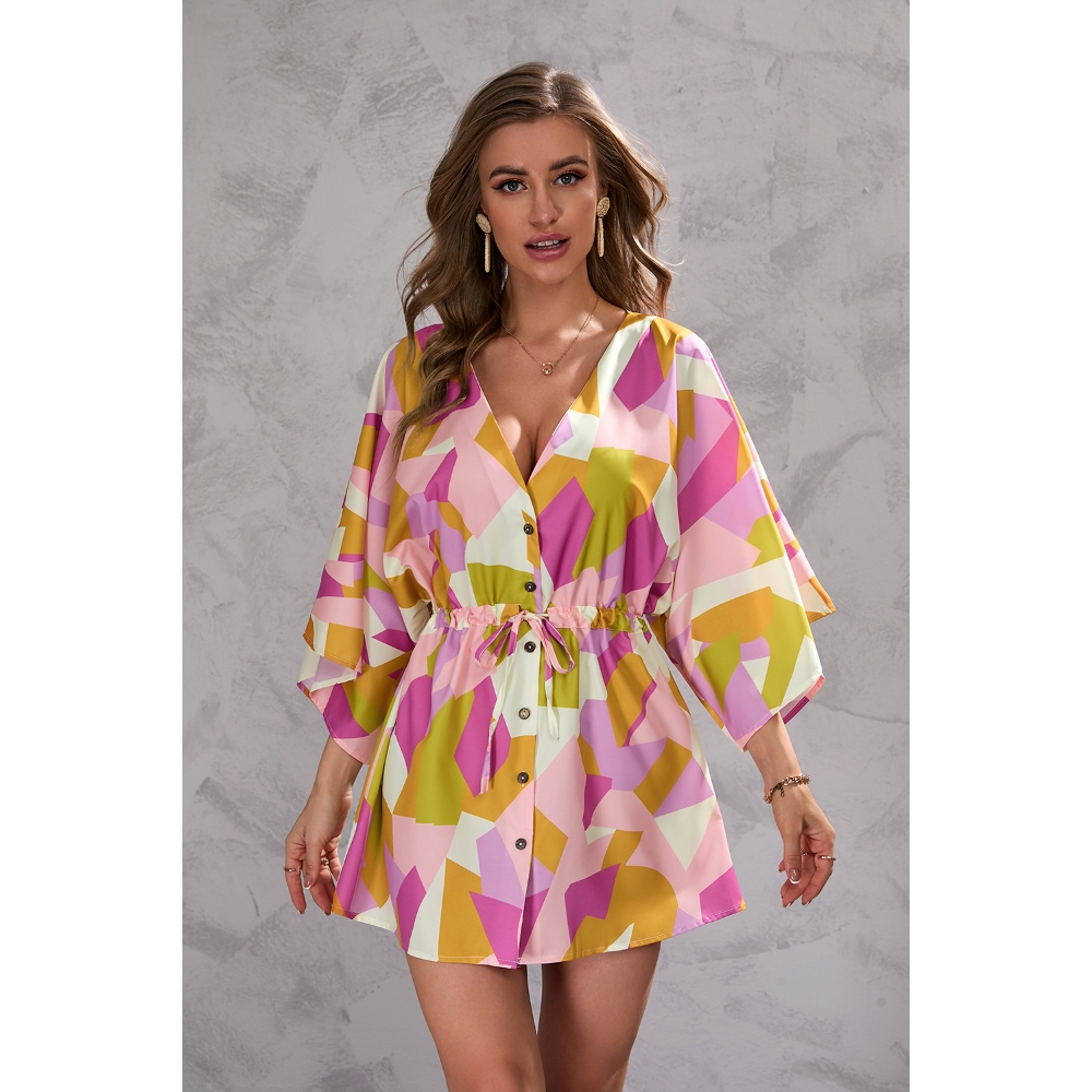 Women's Summer Boho Mini Dress Print Drawstring V Neck 3/4 Sleeve Button Down Shirt Dress Casual Lightweight Trendy Flowy A-Line Sundresses for Beach Vacation 
