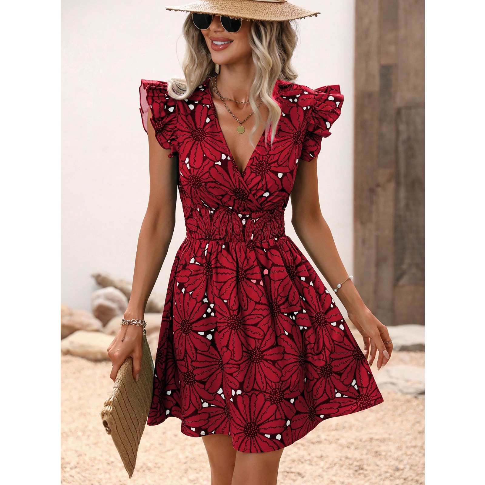 Women's V-Neck Floral Print Sundress Ruffled Sleeveless Dress Tie Waist Beach Vacation Dress Lightweight Polyester Summer Outfit
