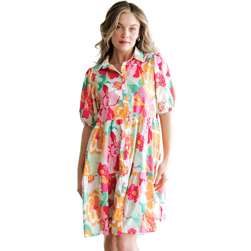 Women's Summer Floral Print Puff Sleeve Dress Sweet & Playful Knee-Length Mini Dress