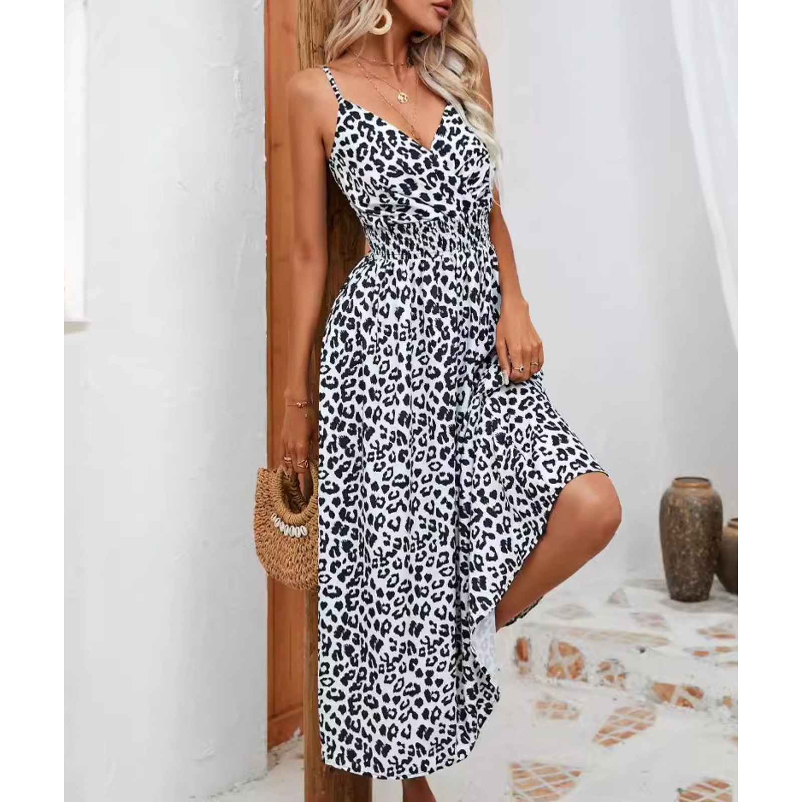Women's Leopard Print Maxi Dress V-Neck Adjustable Strap Tie Waist Long Dress Summer Beach Vacation Dress Lightweight Polyester