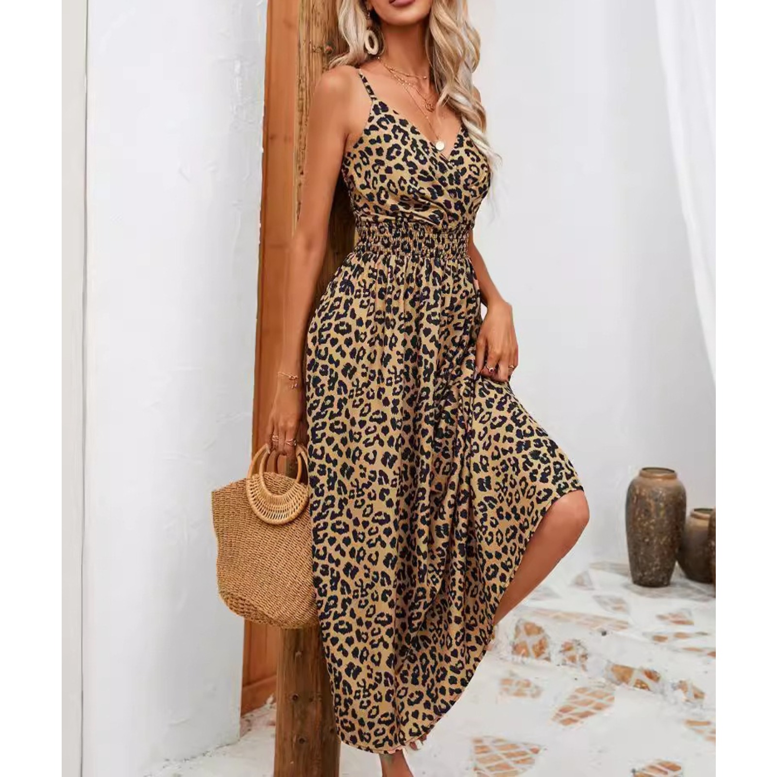 Women's Leopard Print Maxi Dress V-Neck Adjustable Strap Tie Waist Long Dress Summer Beach Vacation Dress Lightweight Polyester