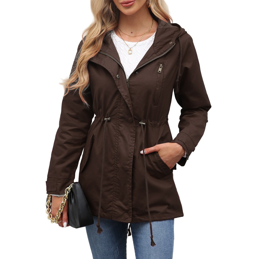 棉质连帽拉链风衣女外套腰部抽绳宽松纯色服饰女装