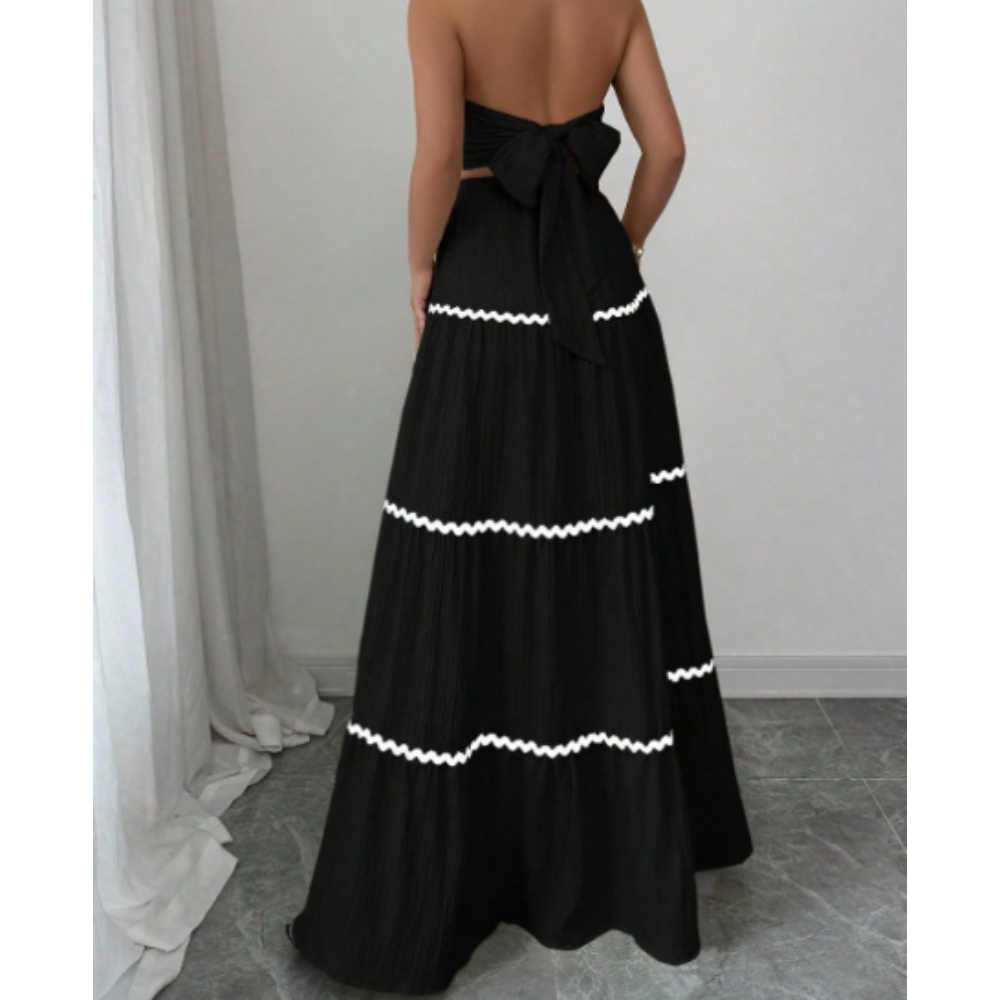 女士两件套夏季2025休闲优雅的短腰带上衣和裙子集