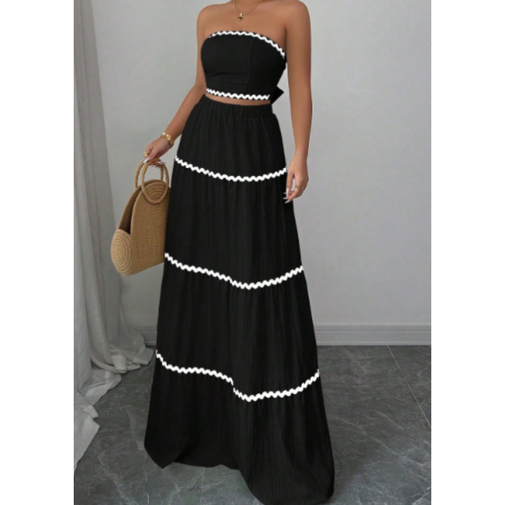 女士两件套夏季2025休闲优雅的短腰带上衣和裙子集