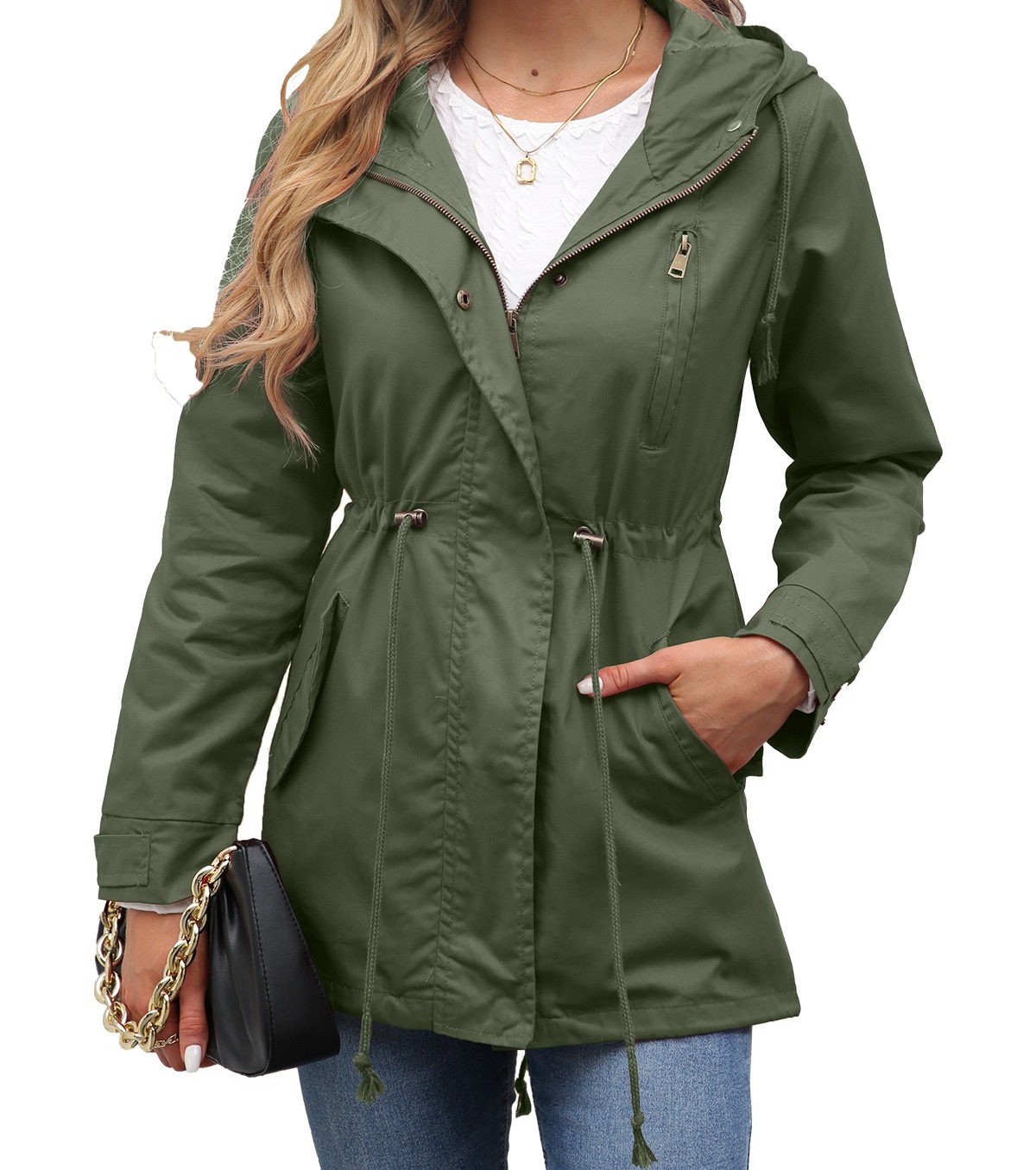 Women's Cotton Hooded Zip-Up Trench Coat Loose-Fit Solid Color Windbreaker with Waist Drawstring