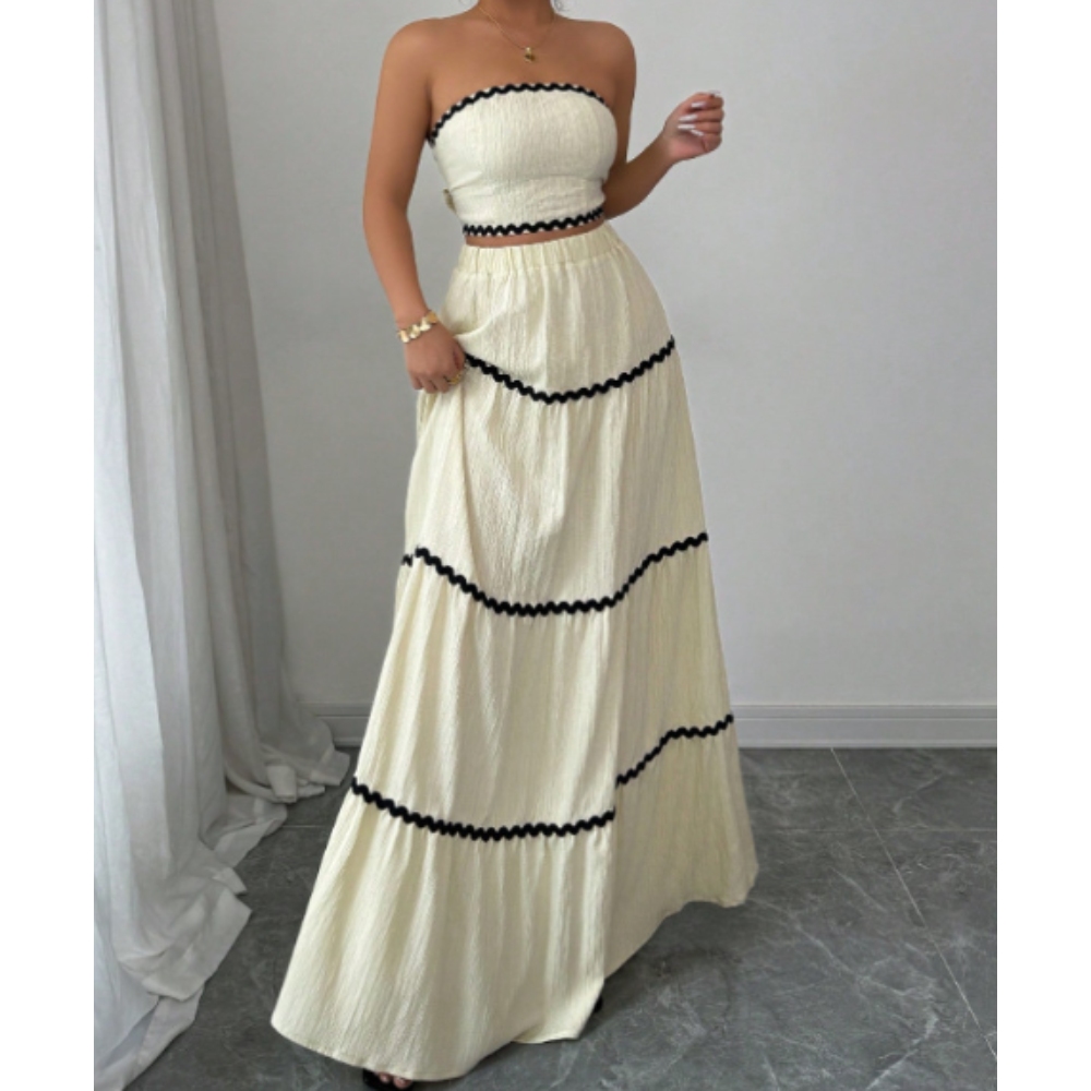 女士两件套夏季2025休闲优雅的短腰带上衣和裙子集