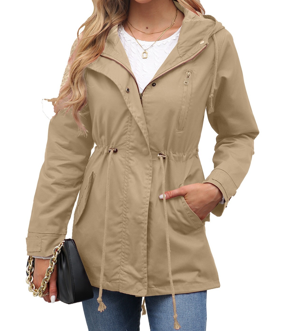 棉质连帽拉链风衣女外套腰部抽绳宽松纯色服饰女装