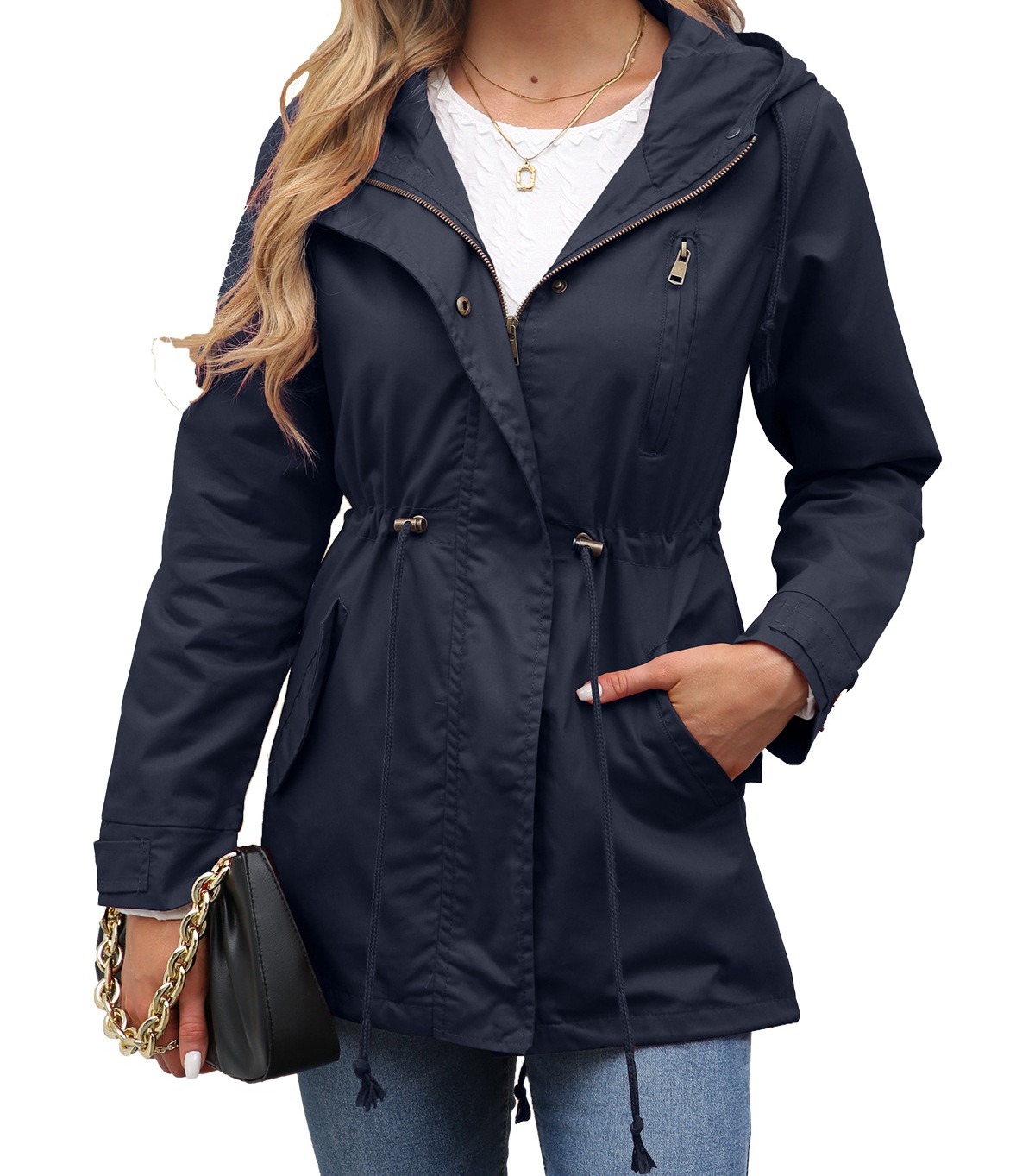 棉质连帽拉链风衣女外套腰部抽绳宽松纯色服饰女装