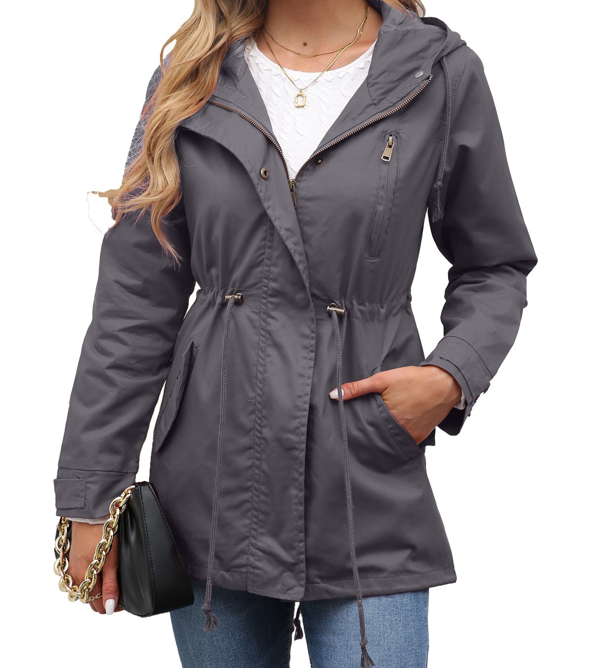 Women's Cotton Hooded Zip-Up Trench Coat Loose-Fit Solid Color Windbreaker with Waist Drawstring