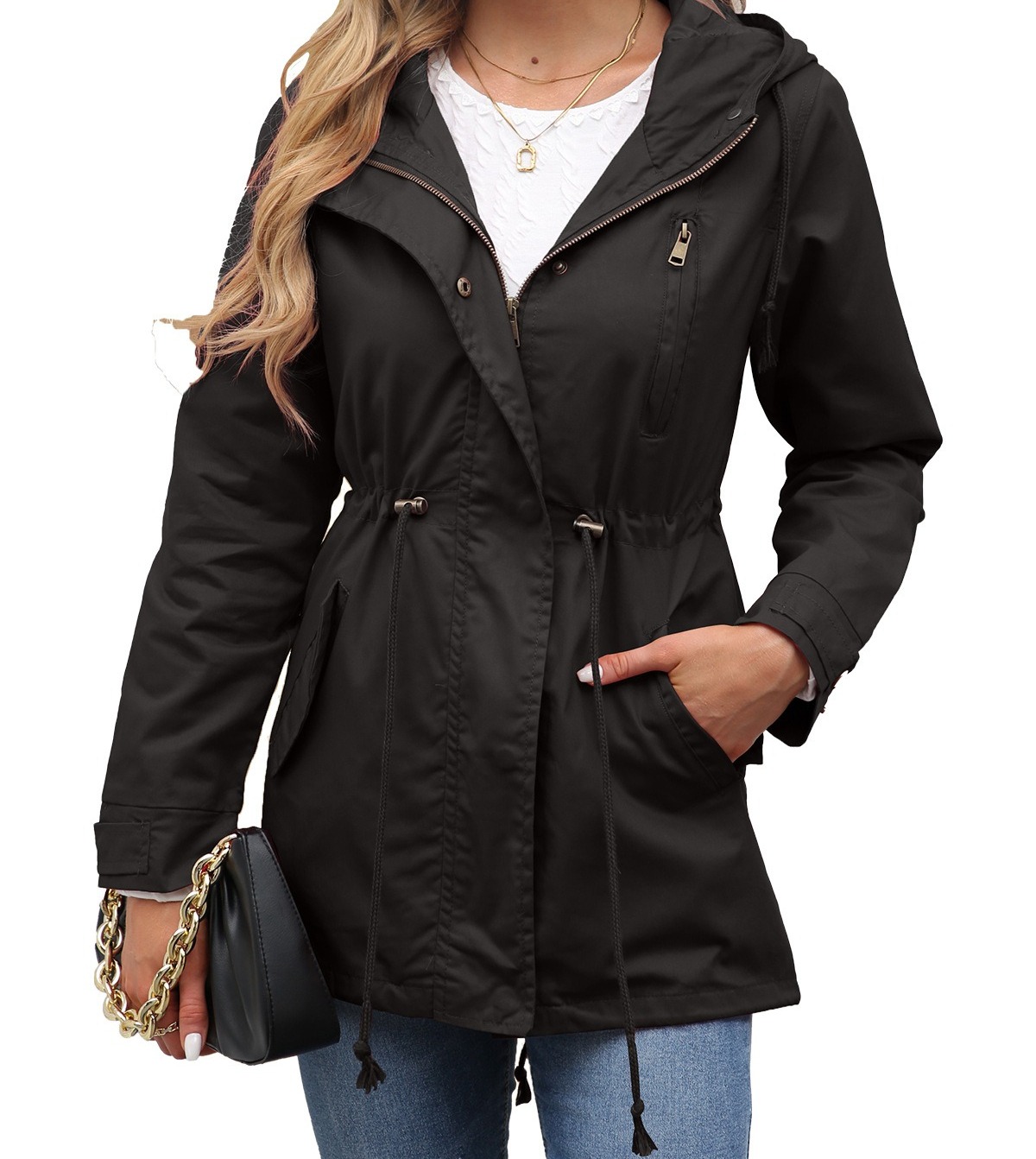 棉质连帽拉链风衣女外套腰部抽绳宽松纯色服饰女装