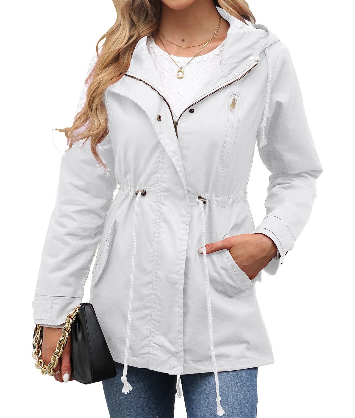 Women's Cotton Hooded Zip-Up Trench Coat Loose-Fit Solid Color Windbreaker with Waist Drawstring