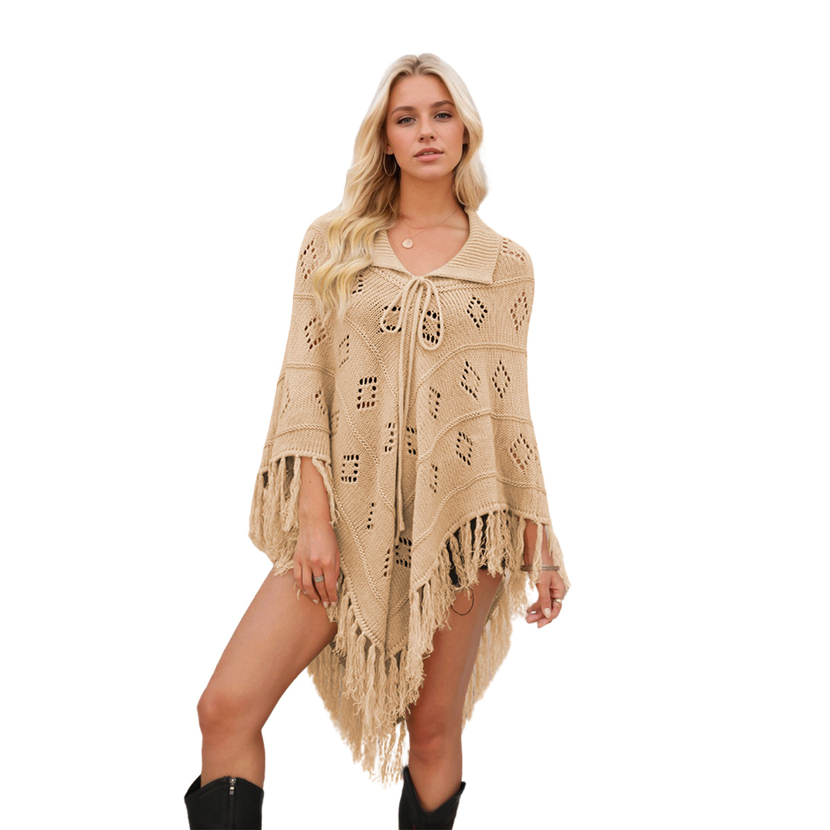 女装时尚披肩下摆不规则长度流苏针织外套