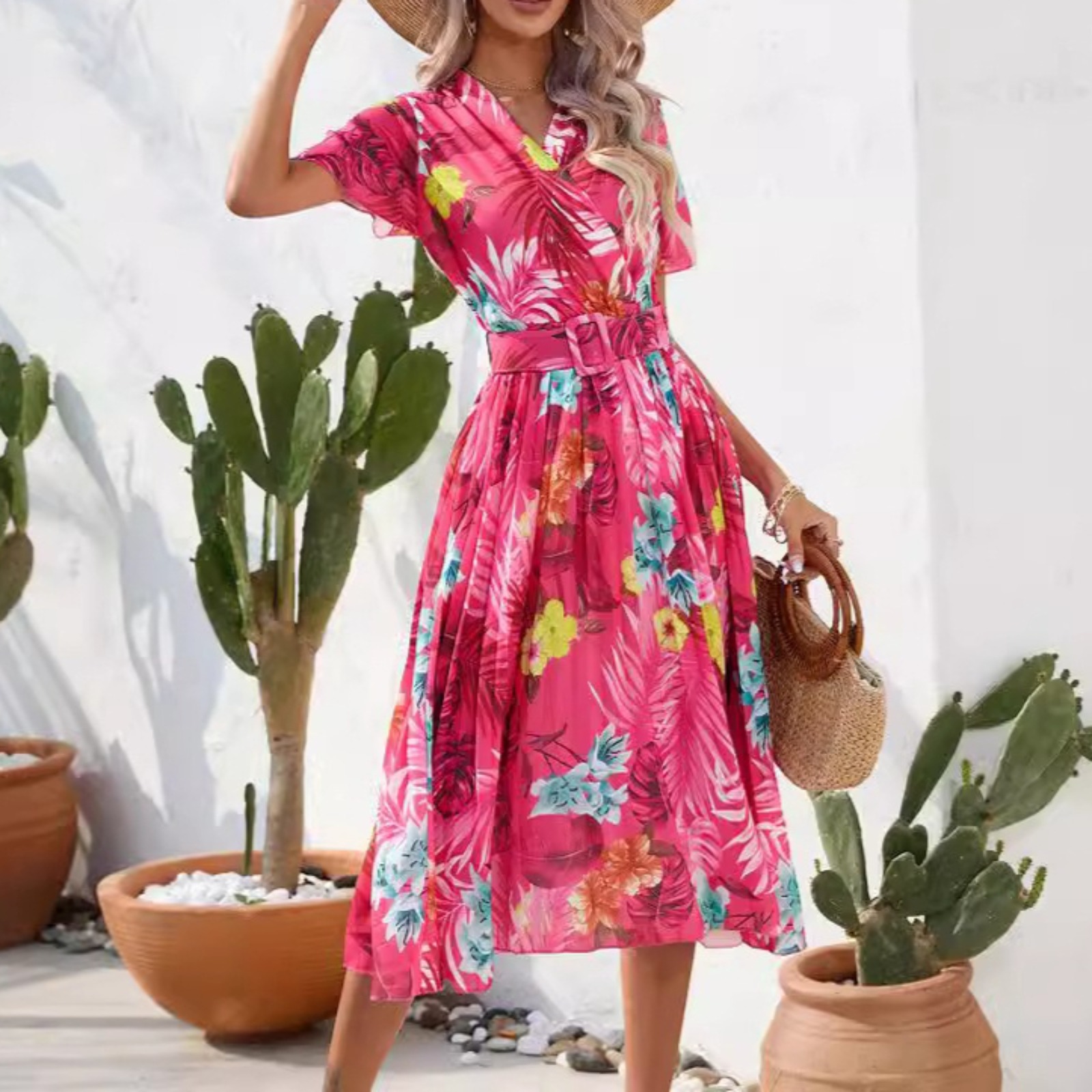 女装欧美夏季印花压皱中长款短袖连衣裙