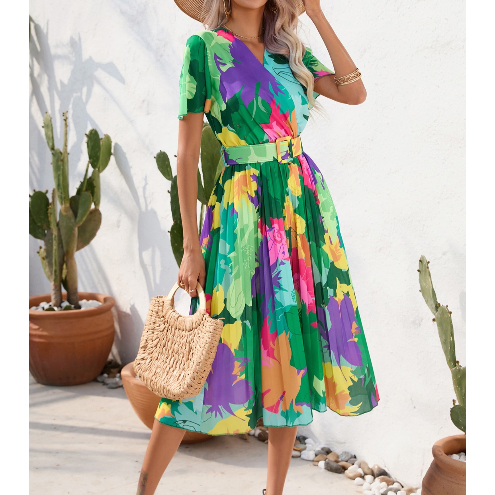 女装欧美夏季印花压皱中长款短袖连衣裙