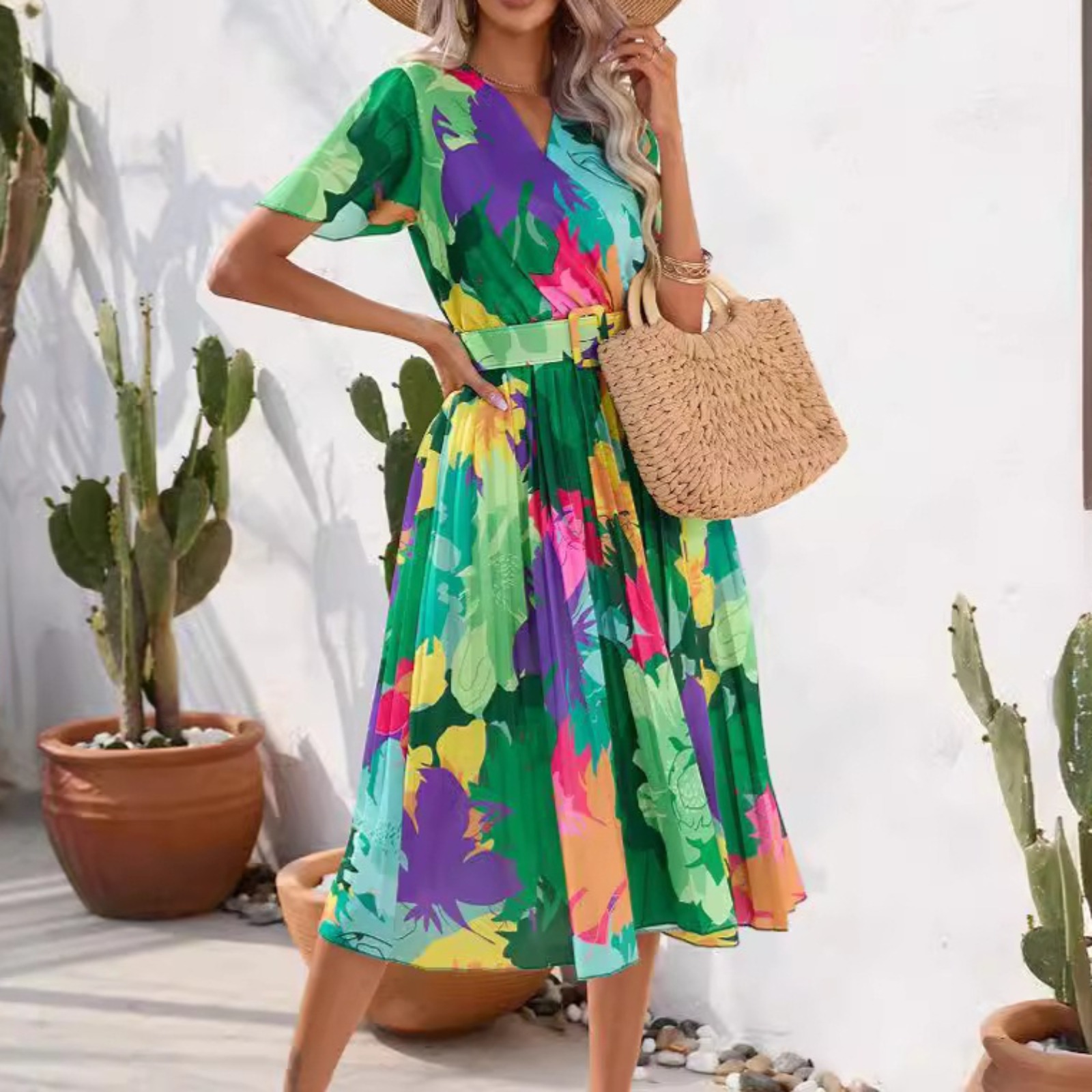 Women's Crinkle Print Short Sleeve Dress Belted Waist Bright Floral Midi Dress Lightweight Polyester Summer Casual Sundress