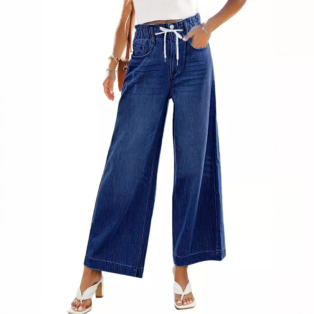 Women's Elastic Drawstring Wide-Leg Straight Jeans High-Waisted Comfort Fit Denim Trousers