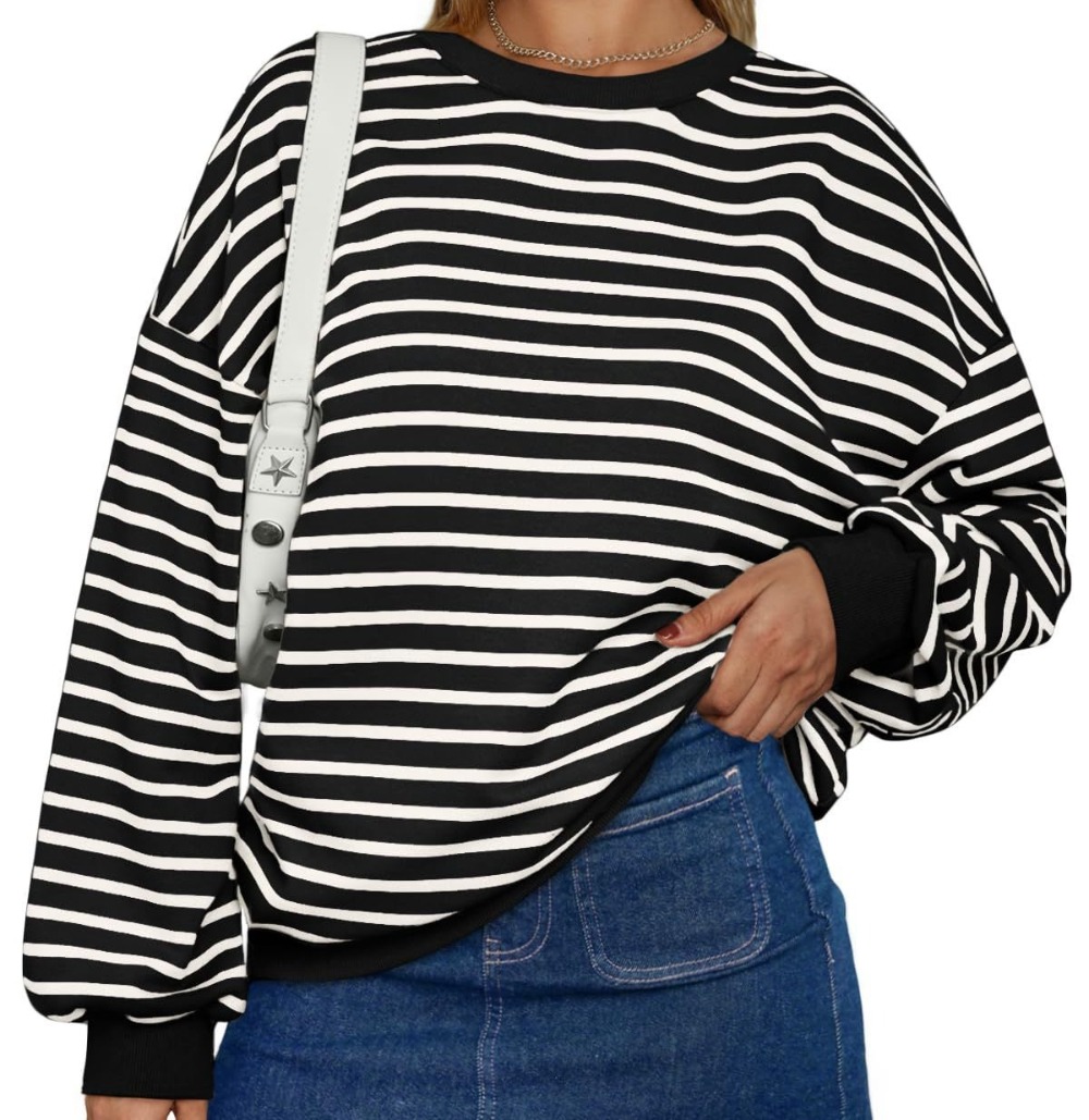 Women's Striped Long Sleeve Crewneck Sweatshirt Sports Pullover Fashionable Ladies Activewear