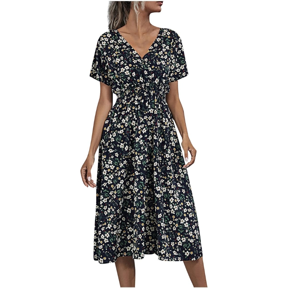 Women's Summer Floral Print Mini Dress V Neck Short Sleeve Lightweight Dress Boho Swing A-line Slim Party Beach Resort Sundress Business Casual Fashion Clothing﻿