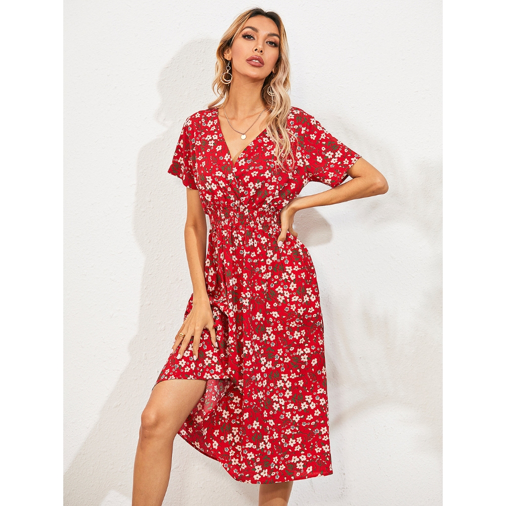 Women's Summer Floral Print Mini Dress V Neck Short Sleeve Lightweight Dress Boho Swing A-line Slim Party Beach Resort Sundress Business Casual Fashion Clothing﻿