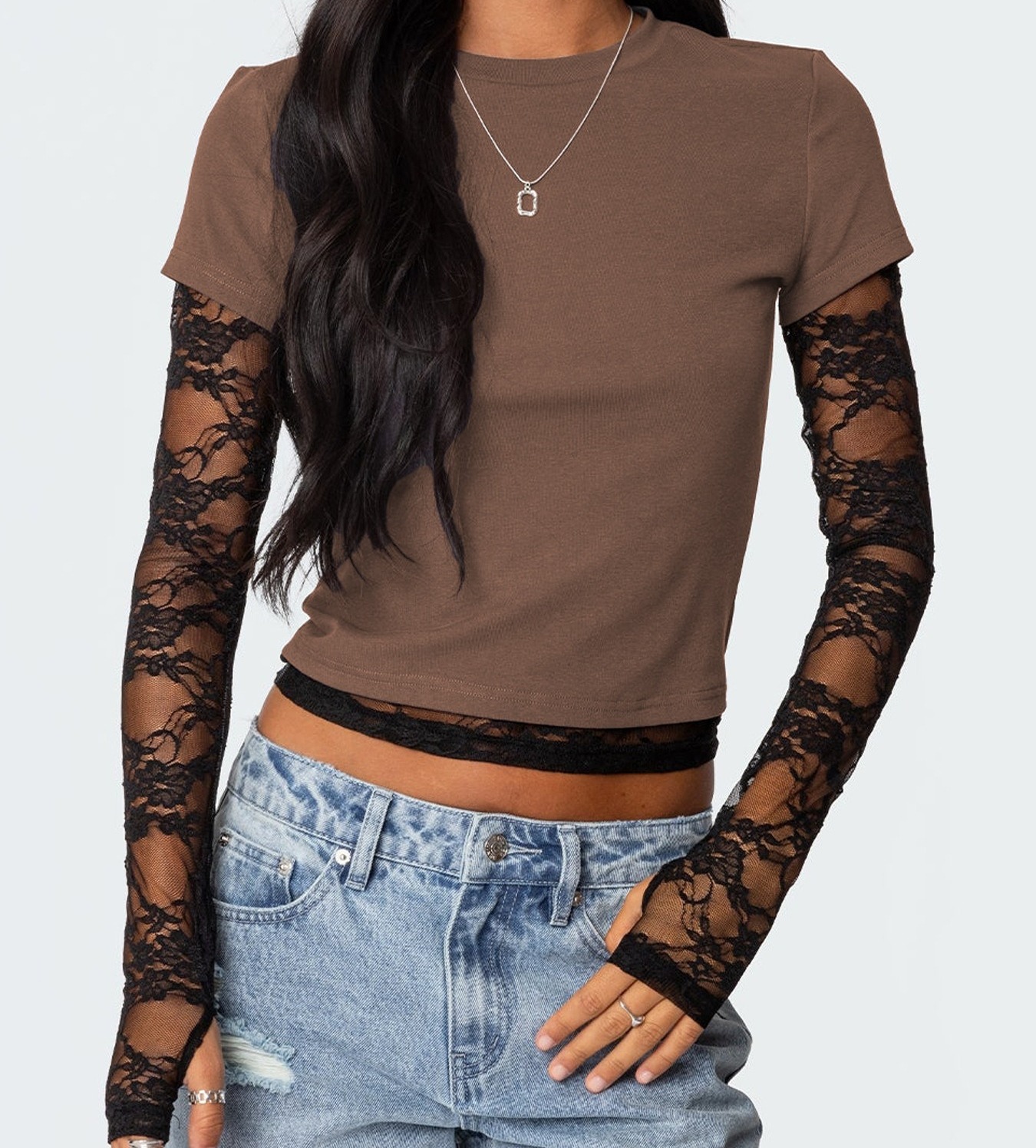 Women's Lace-Trimmed Long Sleeve Crewneck T-Shirt Faux Two-Piece Top with Lace-Sleeves and Hem
