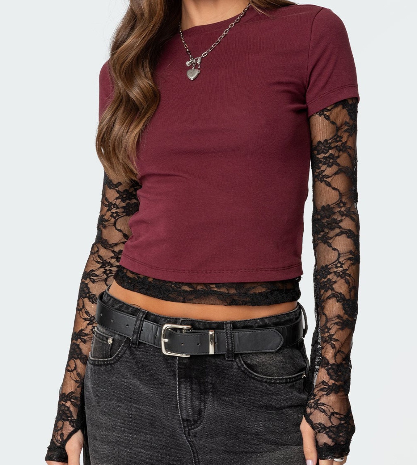 Women's Lace-Trimmed Long Sleeve Crewneck T-Shirt Faux Two-Piece Top with Lace-Sleeves and Hem