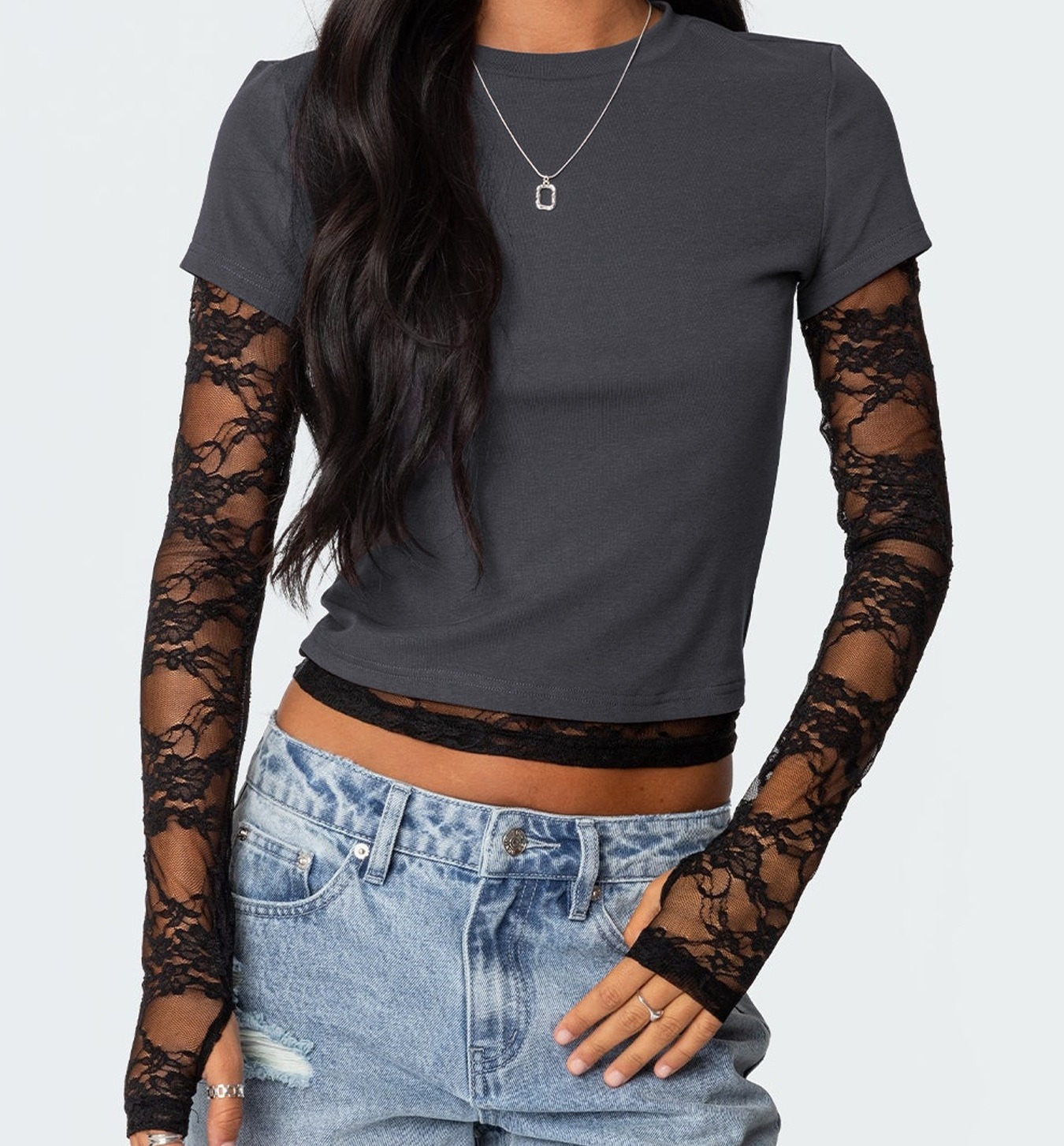 Women's Lace-Trimmed Long Sleeve Crewneck T-Shirt Faux Two-Piece Top with Lace-Sleeves and Hem