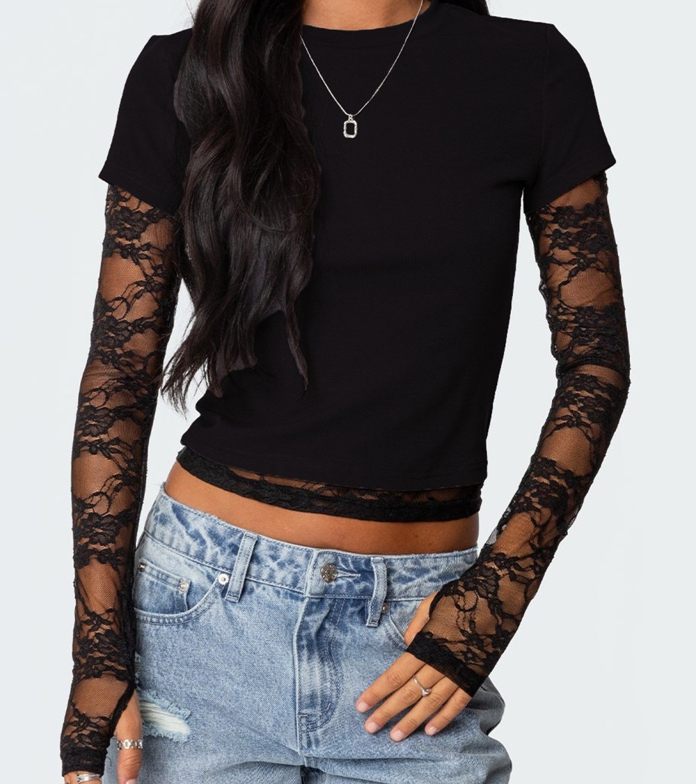 Women's Lace-Trimmed Long Sleeve Crewneck T-Shirt Faux Two-Piece Top with Lace-Sleeves and Hem