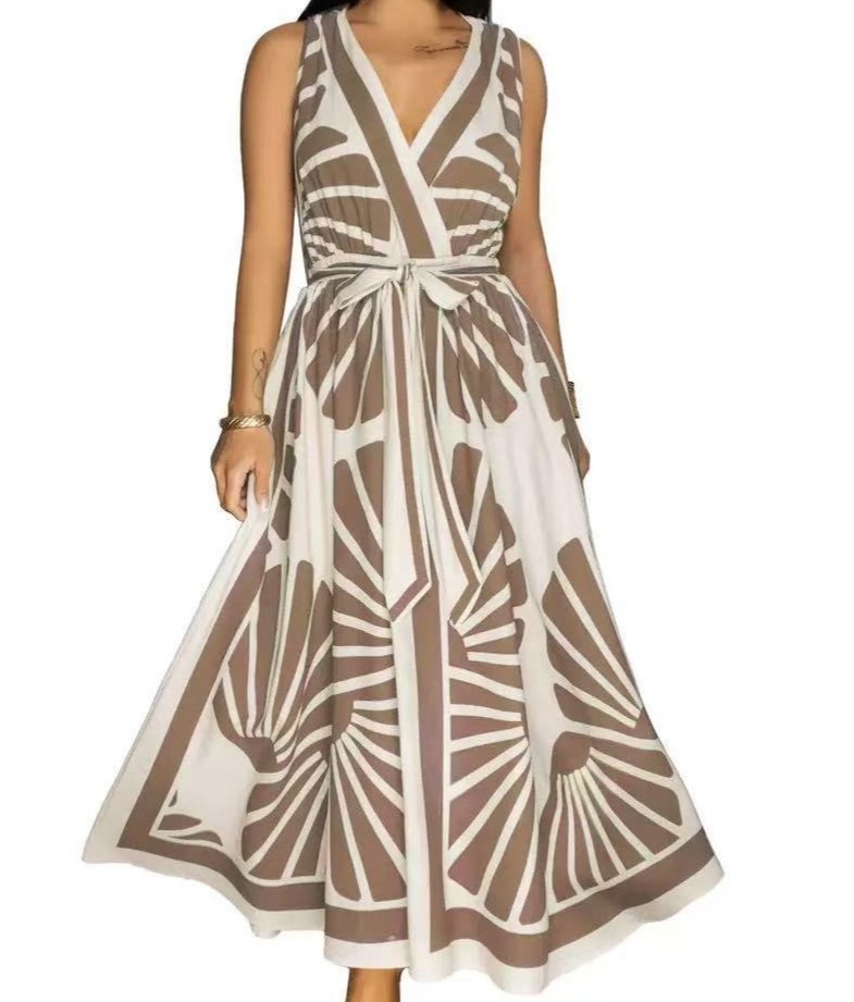 Women's V-Neck Sleeveless Bohemian Printed Maxi Dress Fashionable Flowy Summer Long Dress