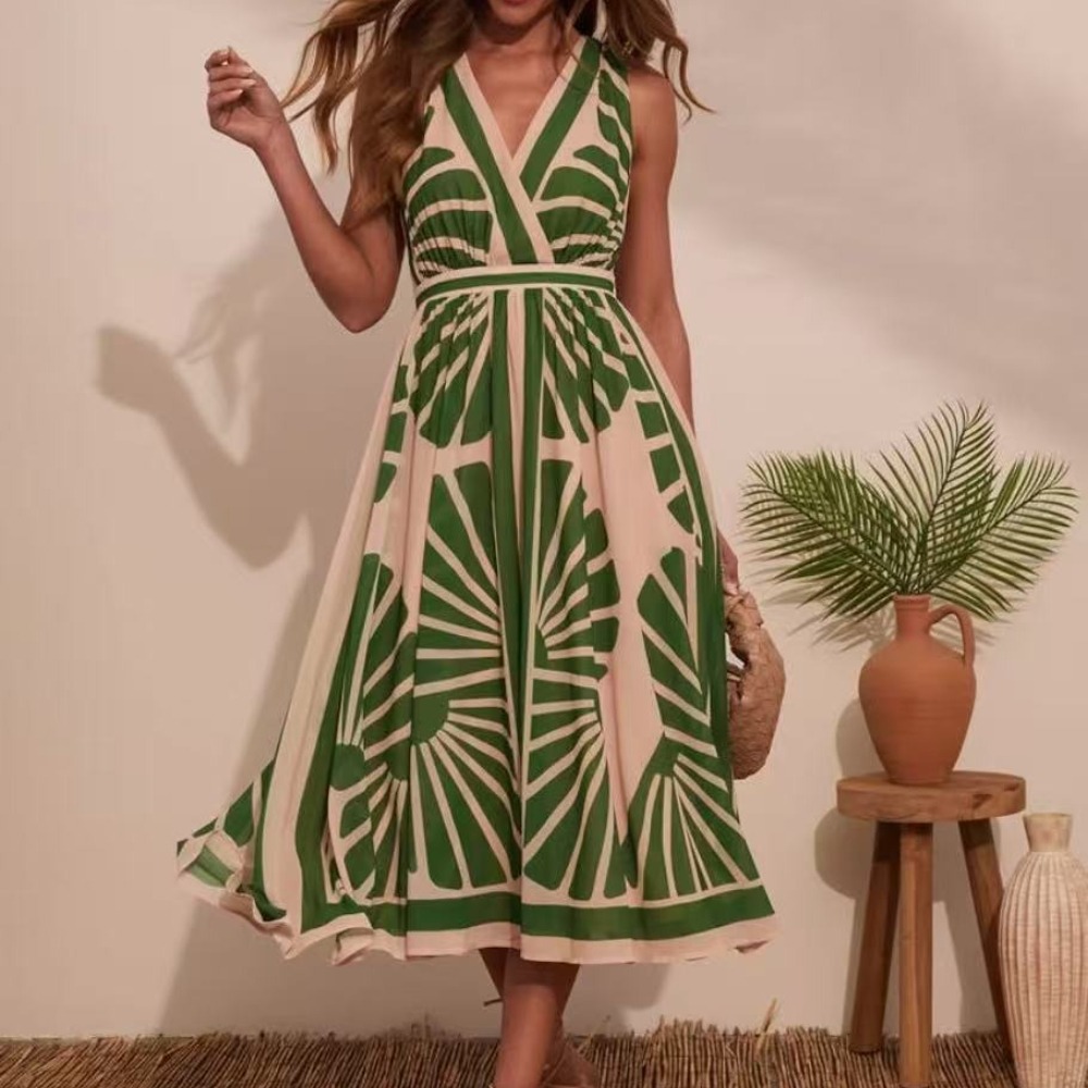 Women's V-Neck Sleeveless Bohemian Printed Maxi Dress Fashionable Flowy Summer Long Dress