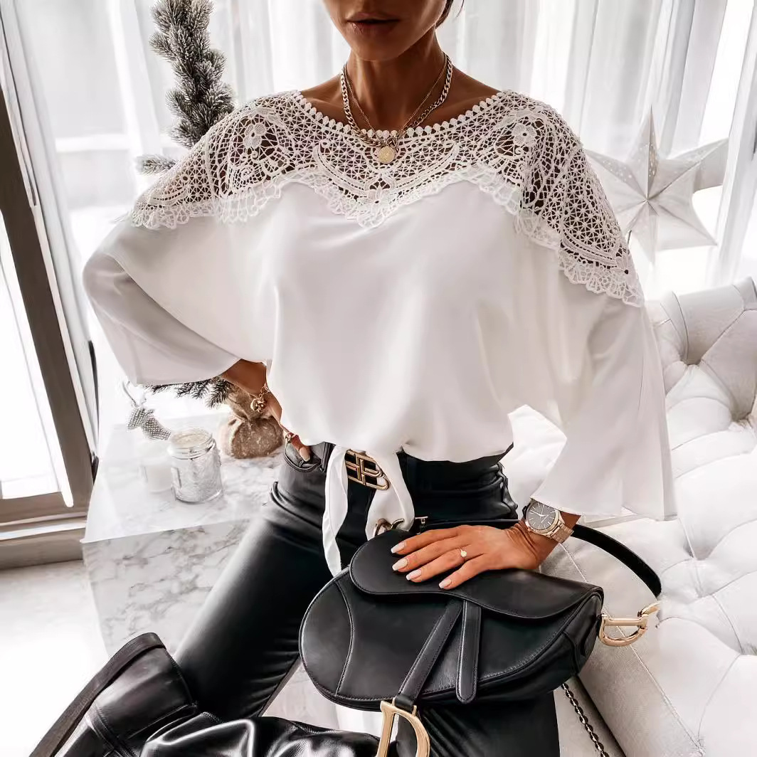 Womens Summer Lace Floral Tops Solid Color Ruffle Sleeve Crew Neck Trendy T Shirts Hollow Out Batwing Sleeve 3/4 Sleeve Casual Loose Blouse Dressy Shirts 2025 Fashion