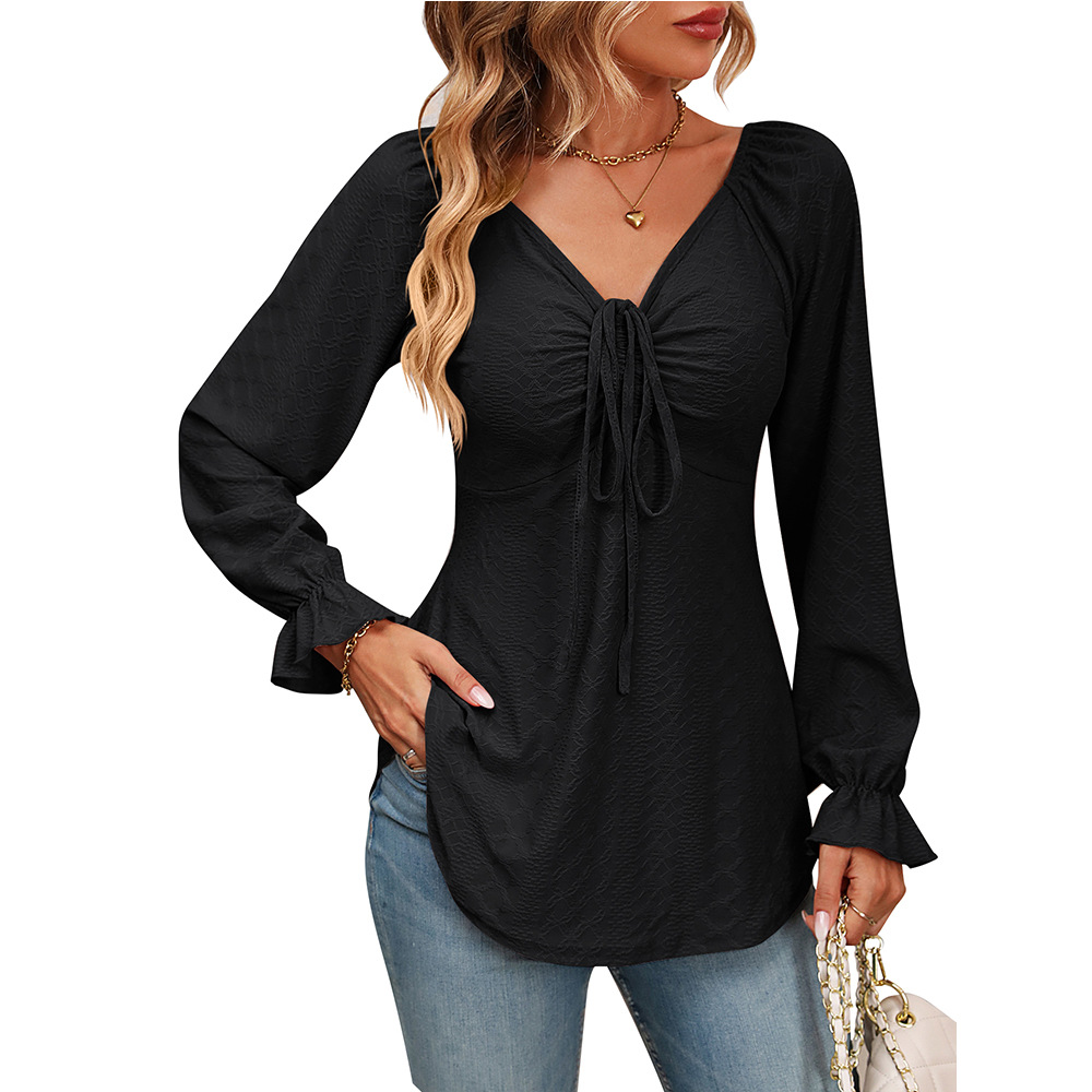 Women's Fall Tunic Tops Pleated V Neck Puff Long Sleeve Shirts Flowy Hem Solid Color Slim Fit Blouse Tie Front Dressy Trendy Office Work Shirts Tops Elegant Minimalist Business Casual Top