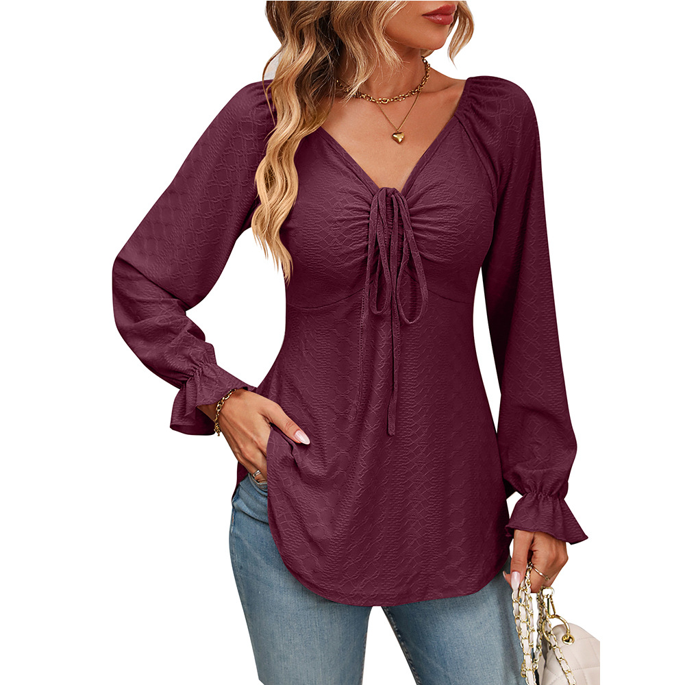 Women's Fall Tunic Tops Pleated V Neck Puff Long Sleeve Shirts Flowy Hem Solid Color Slim Fit Blouse Tie Front Dressy Trendy Office Work Shirts Tops Elegant Minimalist Business Casual Top