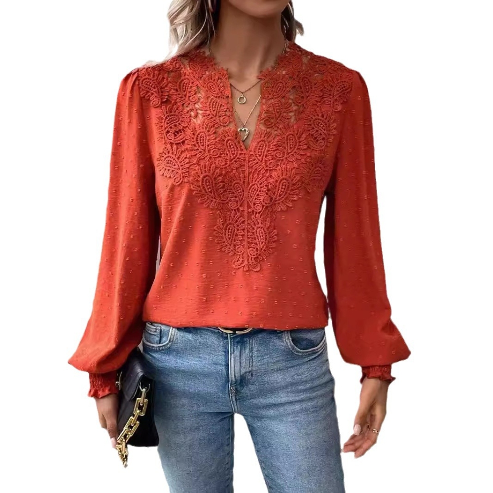Women's V Neck Long Sleeve Blouses Swiss Dot Texture Loose Fit Tunic Shirt Tops Casual Dressy Summer Layering Daily Essential Chiffon Flowy Lace Crochet Trendy Clothing