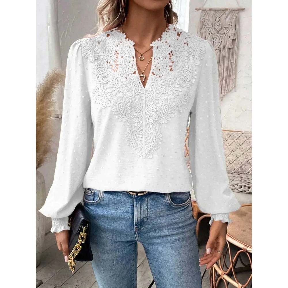 Women's V Neck Long Sleeve Blouses Swiss Dot Texture Loose Fit Tunic Shirt Tops Casual Dressy Summer Layering Daily Essential Chiffon Flowy Lace Crochet Trendy Clothing
