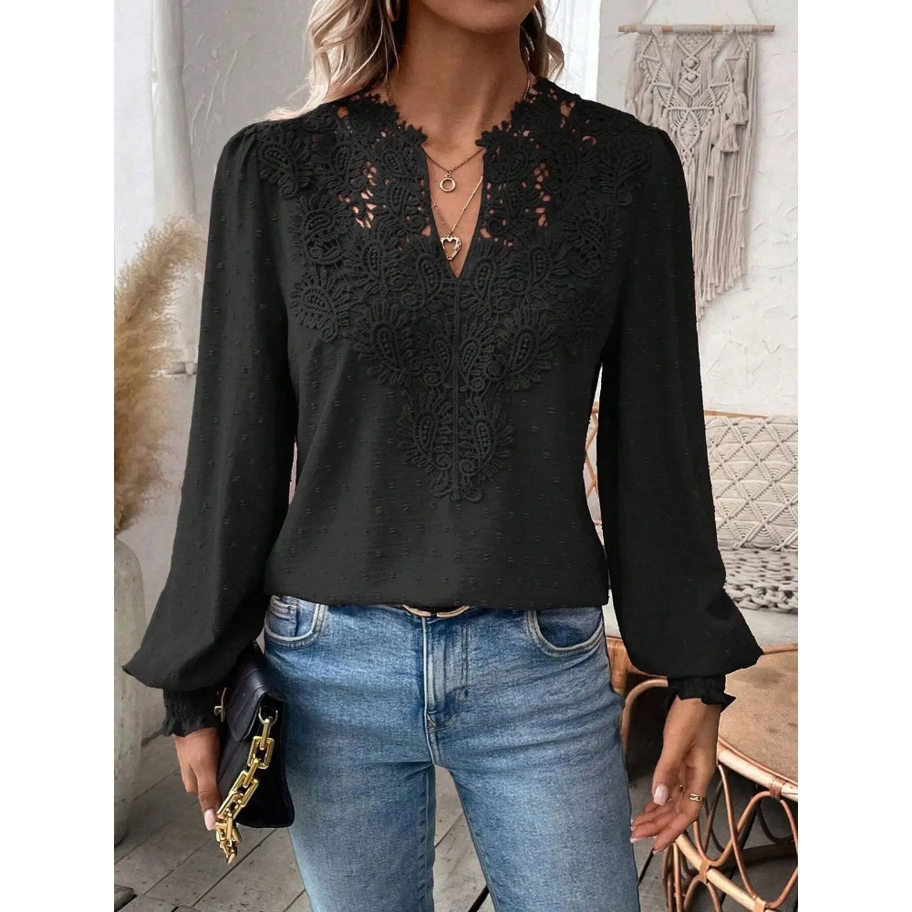 Women's V Neck Long Sleeve Blouses Swiss Dot Texture Loose Fit Tunic Shirt Tops Casual Dressy Summer Layering Daily Essential Chiffon Flowy Lace Crochet Trendy Clothing