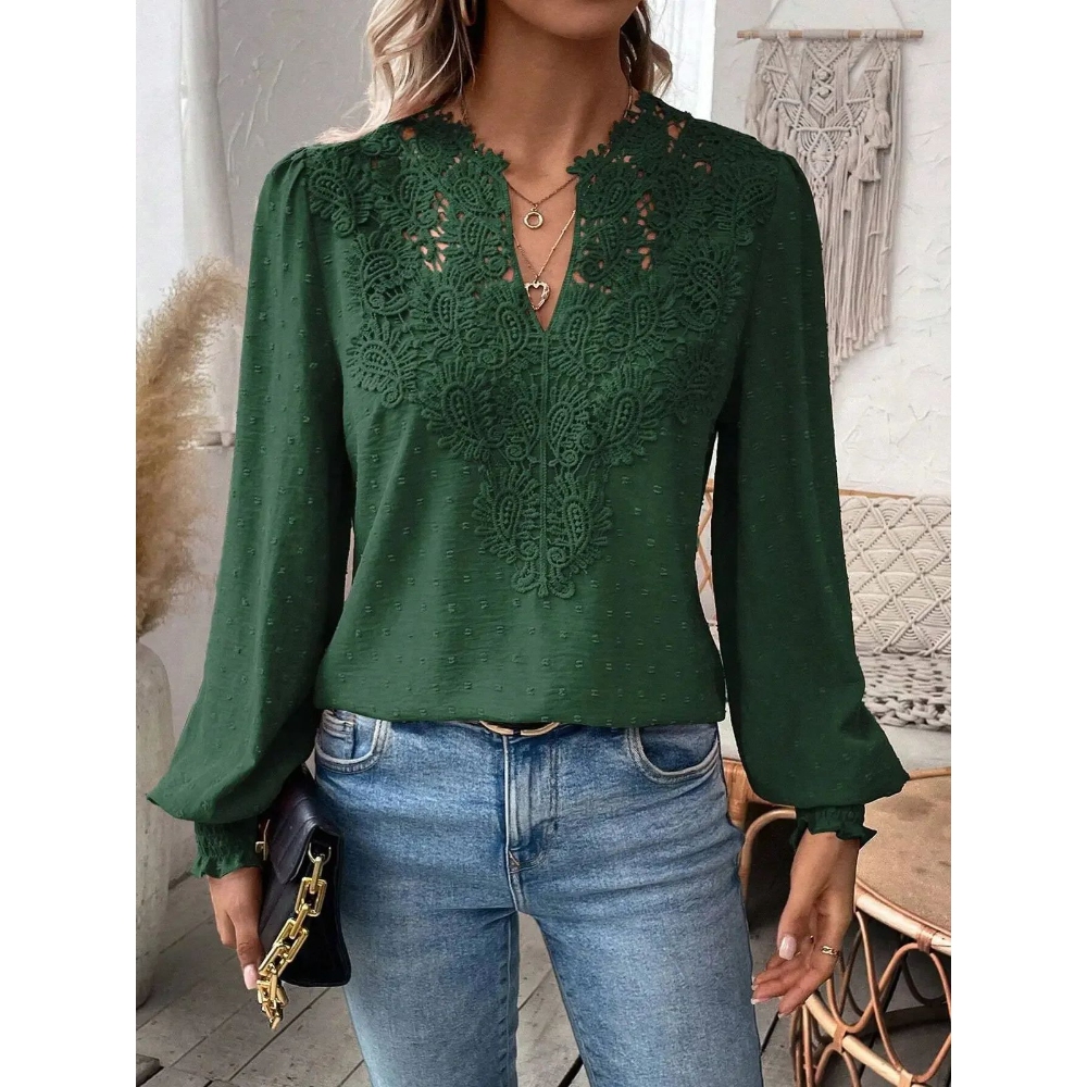 Women's V Neck Long Sleeve Blouses Swiss Dot Texture Loose Fit Tunic Shirt Tops Casual Dressy Summer Layering Daily Essential Chiffon Flowy Lace Crochet Trendy Clothing